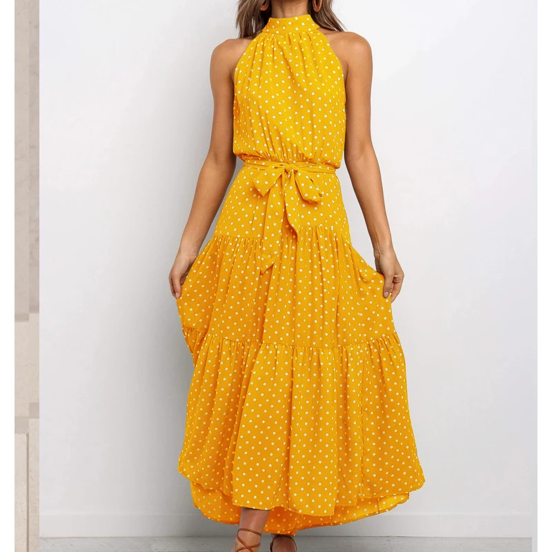 2020 New Women Sleeveless Halter Neck Coffee Casual Dresses Dot Printing Long Dress Lady Summer Beach Party Sundress G1427 | Женская