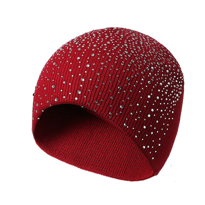Женская громоздкая шапочка зимний осенний мягкий трикотаж бини Женская Модная хлопковая шапка со стразами Chapeu Feminino - Цвет: Dark Red