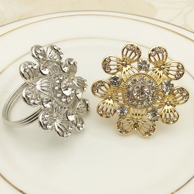 TAI Top 6Pcs/Set Crystal Flower Gold Silver Napkin Rings Metal Hollow Holder Buckle For Wedding Party Hotel Supplies |