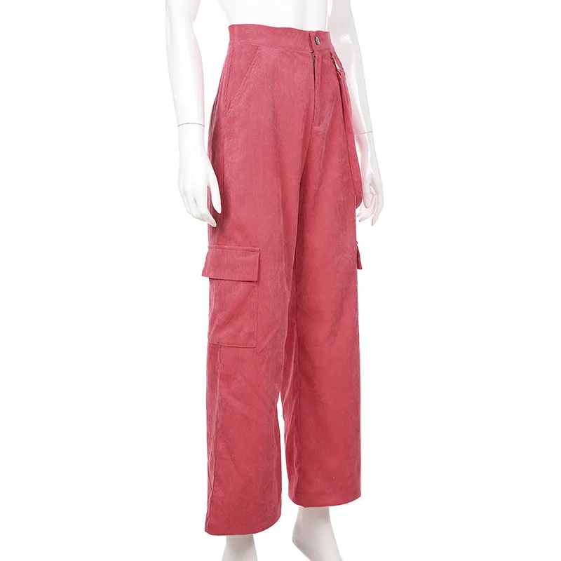 Уличные модные розовые широкие брюки осенние женские с высокой талией с карманами вельветовые повседневные брюки Femme свободные нейлоновые Панталоны