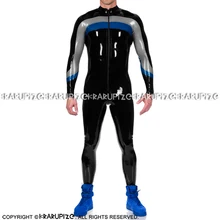 

Black And Silver Blue Latex Catsuit With Feet Socks Front To Back Crotch Zippers Rubber Bodysuit Zentai Overall LTY-0279