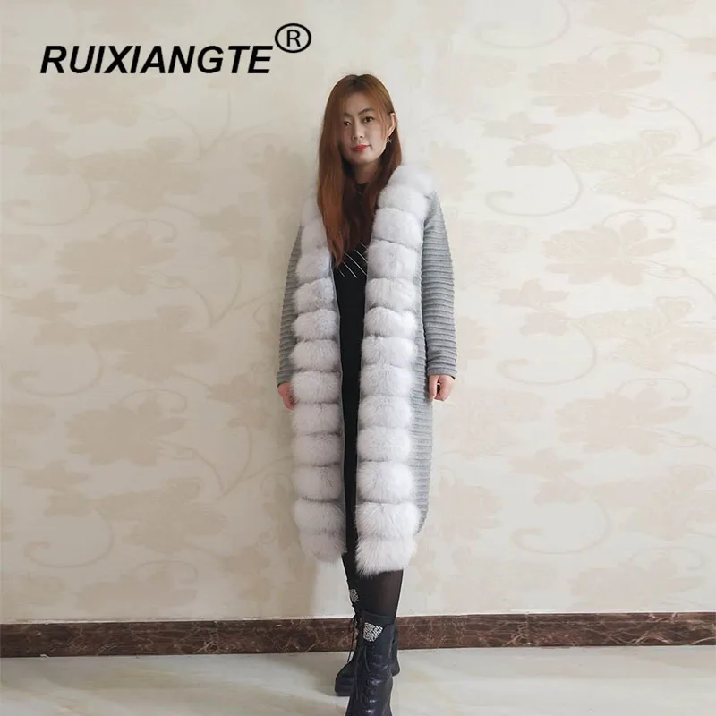 Женское вязаное пальто из натурального меха RuiXiangTe длинная теплая шуба Лисьего с