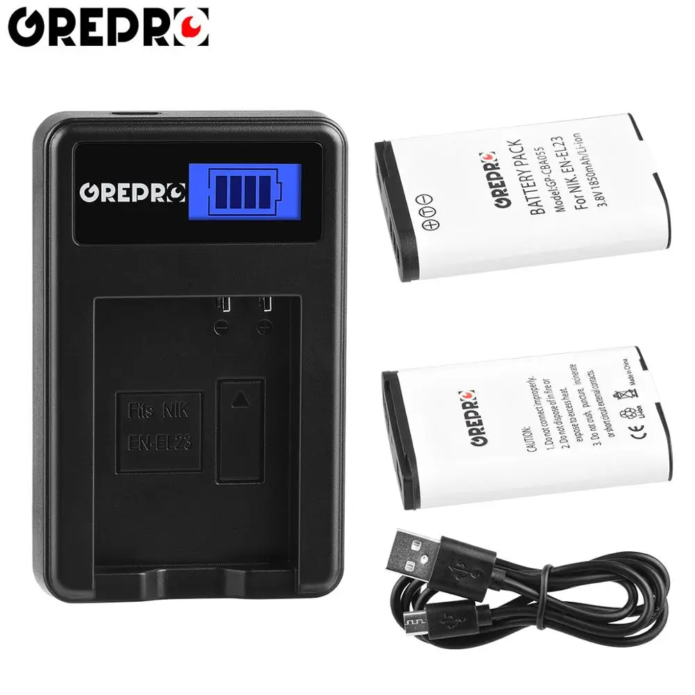 GREPRO 2 шт. 1850 мАч EN-EL23 камера Литий-ионная батарея+ ЖК USB зарядное устройство Комплект для Nikon COOLPIX P600, P610, P900, B700, S810c камера