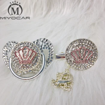 

MIYOCAR white bling pink crown Rhinestone pacifier and clip set pacifier chain holder gold pacifier white rhinestone APCB-1-SW