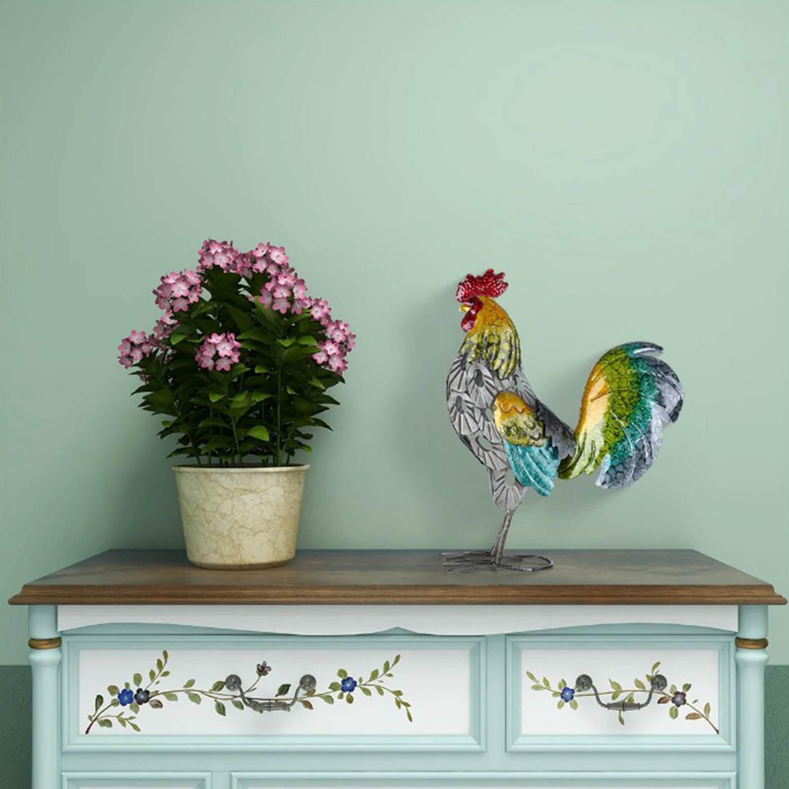 Painted Cast Metal Rooster Sculpture Animals Crafts Art Collections Living Room Table Decoration Accessory