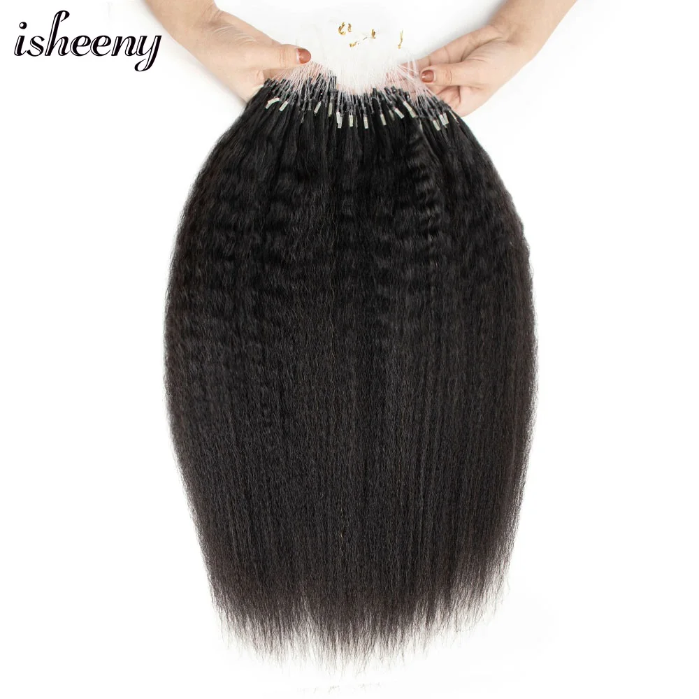 Human Hair Extensions Isheeny Micro Loop Kinky Straight Human Hair Extensions 12"-26" Brazilian Coarse Micro Ring Real Human