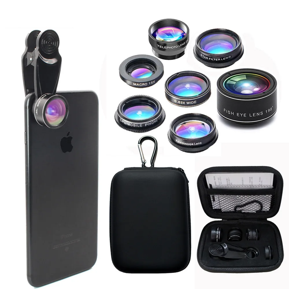 10 in 1 Phone Lens Kit Fisheye lens super Wide Angle macro CPL Filter Kaleidoscope and telescope for smartphone | Мобильные телефоны