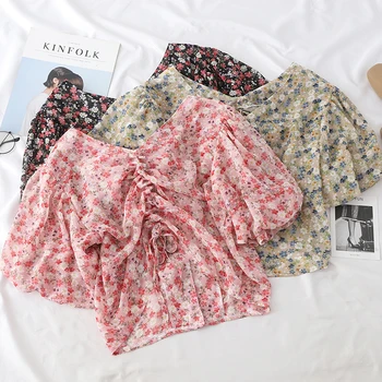 

pink floral drawstring women blouse summer new v-neck lantern sleeved short high waist slim lady elegant pulls outwear tops