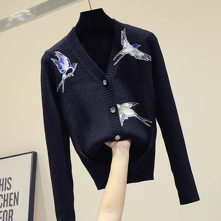 Корейский стиль Тонкий черный свитер женский с принтом птицы вязаный кардиган пальто девушки дамы короткие базовые пальто