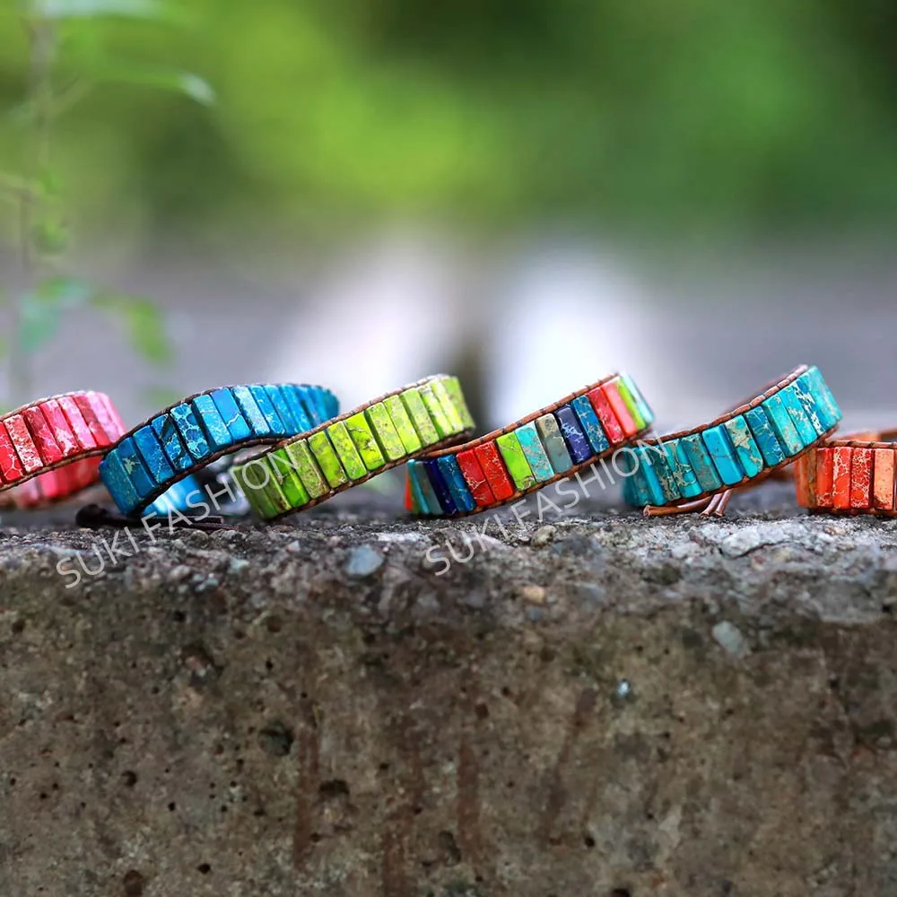 Чакра браслет ювелирные изделия ручной работы Многоцветный натуральный камень трубки бусины Кожа обертывание браслет Парные браслеты подарки