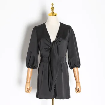 

Elegant Lace Up Bowknot Playsuit Women V Neck Puff Sleeve High Waist Tunic Jumpsuit Female Clothes 2020 Fashion New