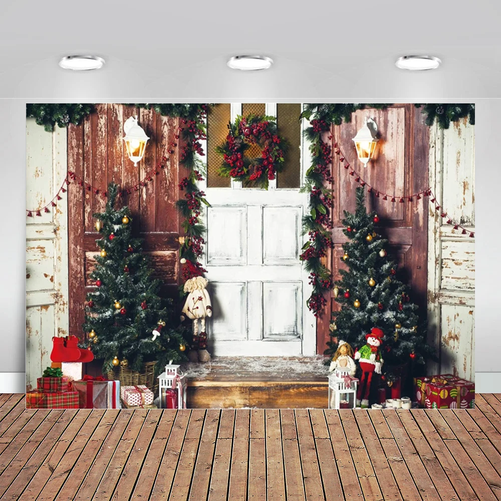 

Фон для фотосъемки с изображением деревенской Деревянной Стены Двери рождественской елки семейного праздника дня рождения
