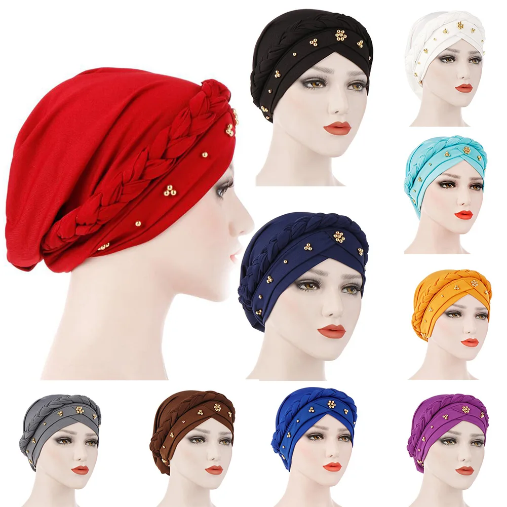 

Cotton Comfortable Bandanas Headscarf Hair Accessories Solid Color Elastic 1PC Muslim Hat Beads Braid Single Whip Turban Cap