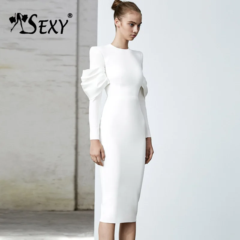 

Gosexy 2019 Autumn New Fashion Sheath White Vestidos Women Vintage O Neck Long Sleeves Bandage Back Zip Midi Dress