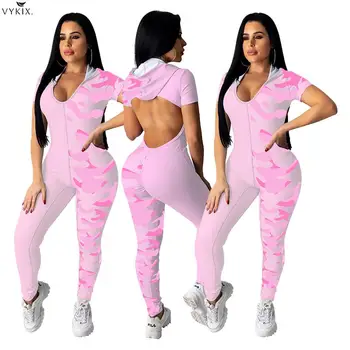 

2020 Summer Women Jumpsuits V-neck Print Hooded Backless Streetwear Rompers Sexy Night Clubwear Party Bandage One Piece Outfits