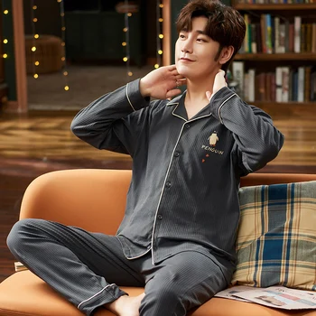 

Pajama Set Mens Long Sleeves Simple Printed Casual Loose Homewear Korean Style Sleepwear Youth High Quality New Fashion