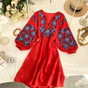 

YuooMuoo High Quality Vintage Embroidery Women Dress V Neck Puff Sleeve Casual Autumn Dress Elegant Women Red Retro Dress Tunic