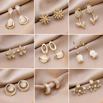 

MENGJIQIAO Hot Sale Vintage Opal Stone Flower Drop Earrings For Women Cute Micro Paved Statement Waterdrop Pendientes Jewelry