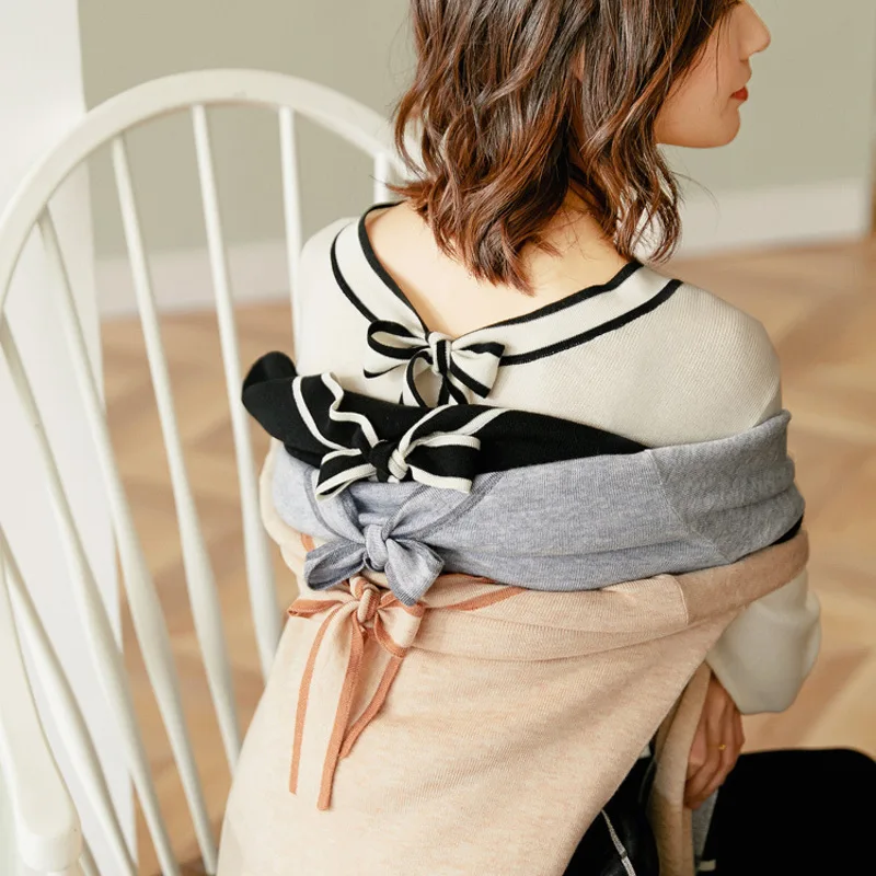 

New silk Lace up bow tie Pullover V Neck Sweater long sleeve thin bottomed blouse women s fashion