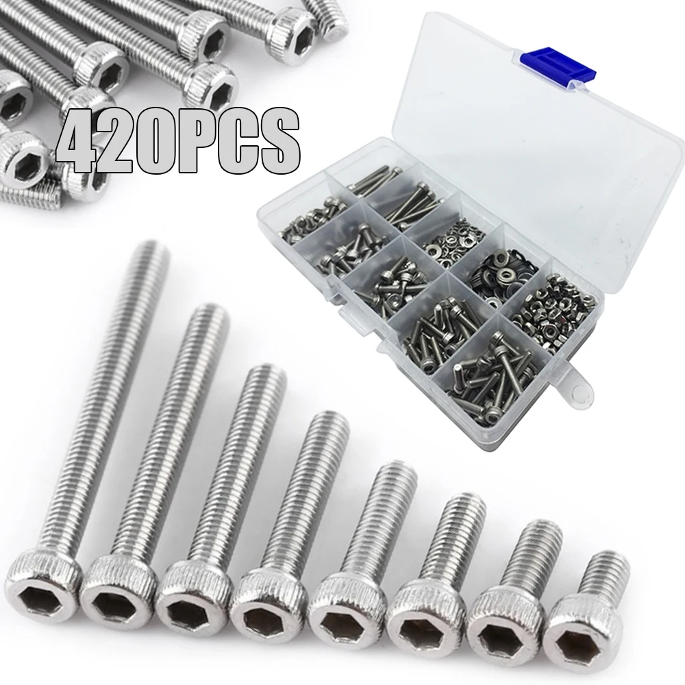 

420pcs Portable M3 SS304 Stainless Steel Metric Thread Hex Screws Bolts Hexagon Socket Cap Screws Fastener Replacement Tools