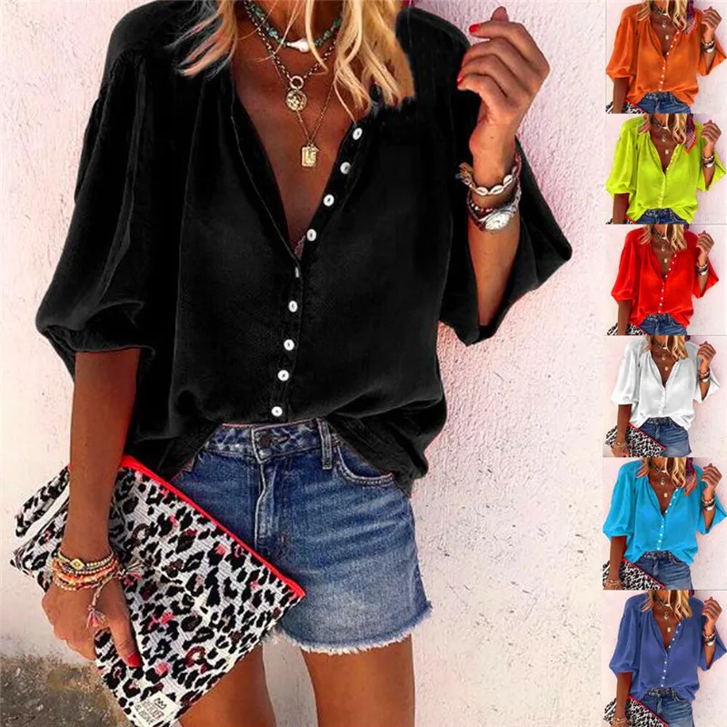 

Fall's new solid-color long-sleeved V-neck button-down blouse for women
