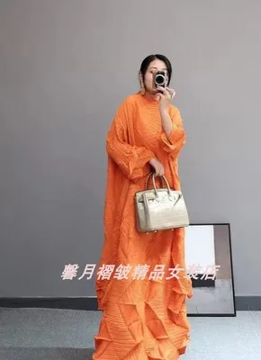 Оранжевый Горячая Miyake модное платье со складками со стразами, однотонное Свободное длинное платье со стоячим воротником - Цвет: Оранжевый