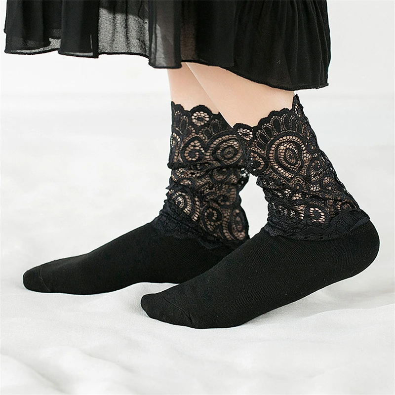 Sexy Lace Floral Mesh Socks Women Black Transparent Short Cotton Sock For Ladies Elastic Retro Cute Socks Female New