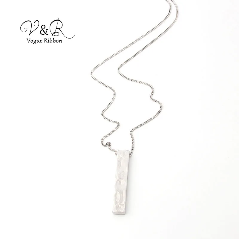 Soft hammered surface rectangle pendant necklace, high polished surface, basic style, sweater chain, imitation rhodium plated (6)