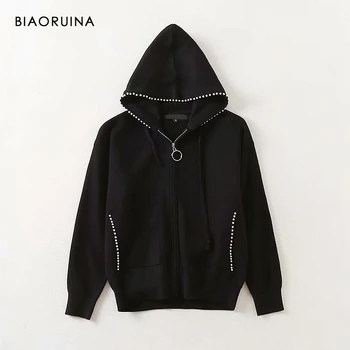

BIAORUINA Women's Black Loose Fashion Knit Hooded Sweater Zip Up Pearl Decoration Female Autumn Spring Cardigan New Arrival