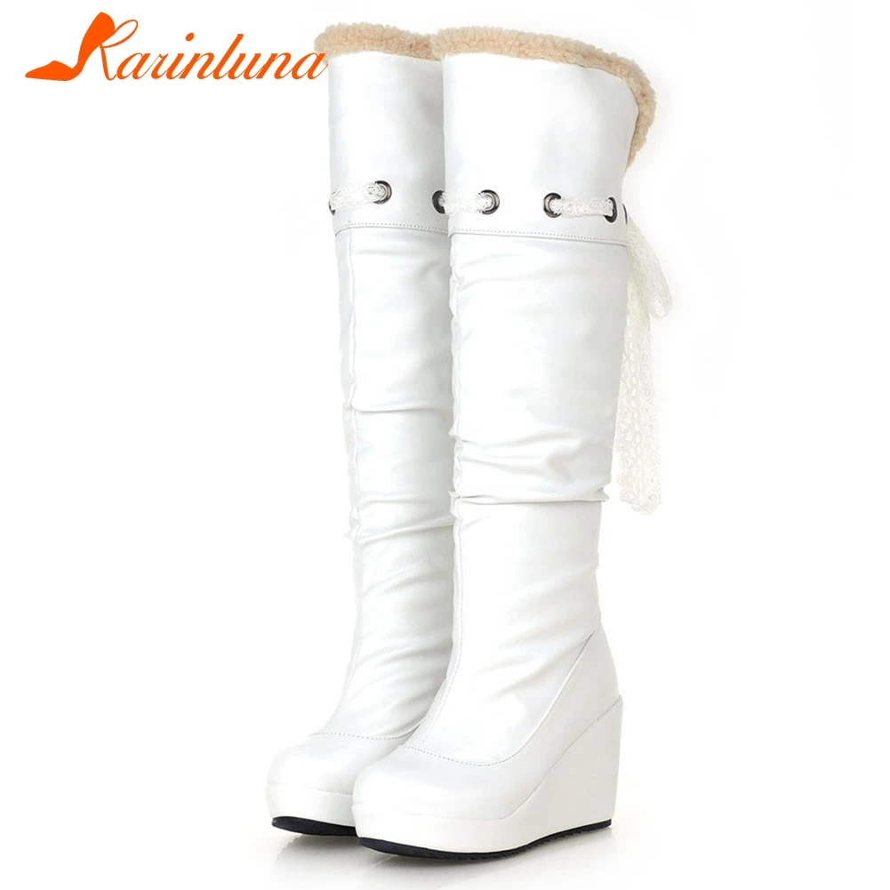 

KARINLUNA New Fashion Warm Fur Snow Boots Ladies Wedges High Heels Platform Party Office Knee High Boots Women Winter 2019