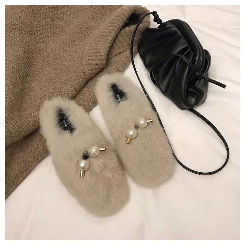 Тапочки с натуральным мехом; женские Вьетнамки; теплая зимняя обувь с плюшевой подкладкой; женские домашние уличные тапочки без задника; повседневная обувь на плоской подошве; Новинка