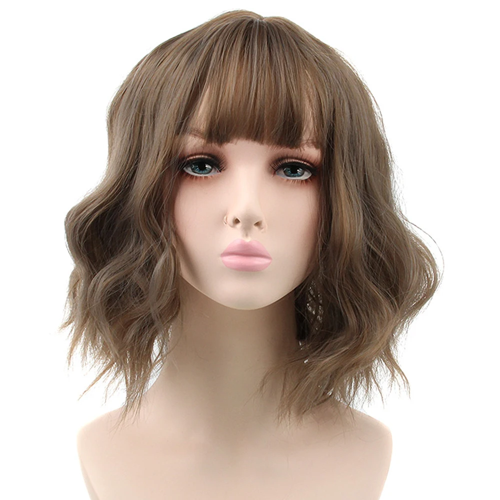 Pageup Short Natural Wave Synthetic Wig For Black Women Purple Wigs with Bangs Heat Resistant Fiber Hair Wigs