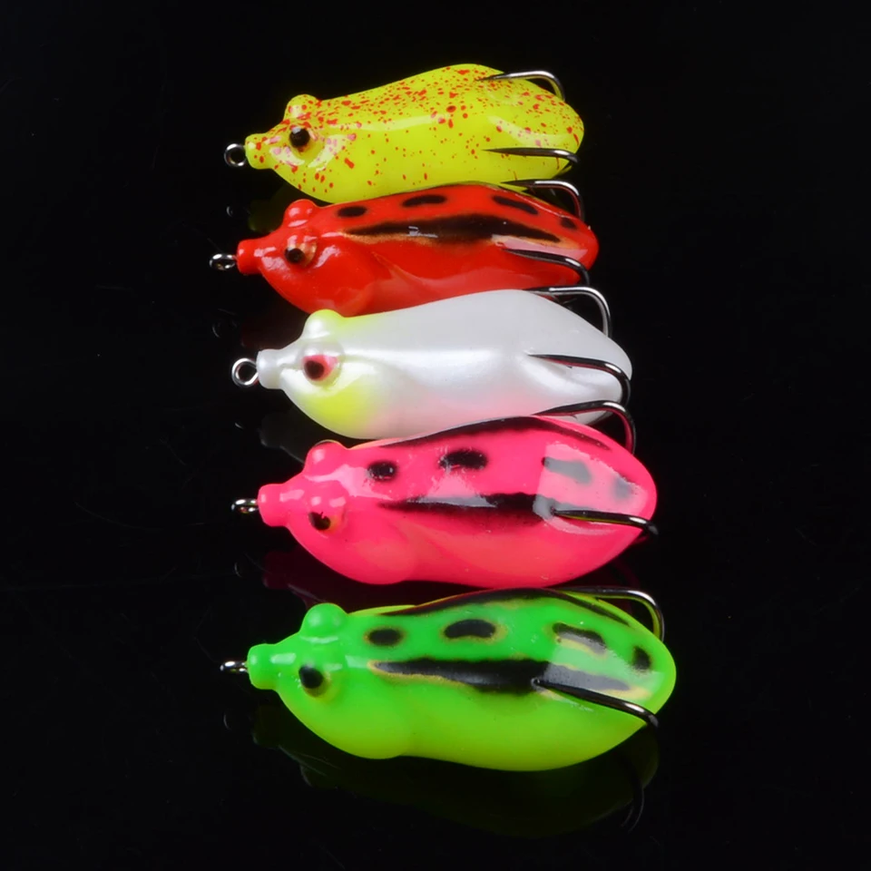 

5pcs soft tube bait plastic fishing lures frog lure treble hooks Topwater ray frog 6.5cm 13.2g artificial soft bait 3D eyes