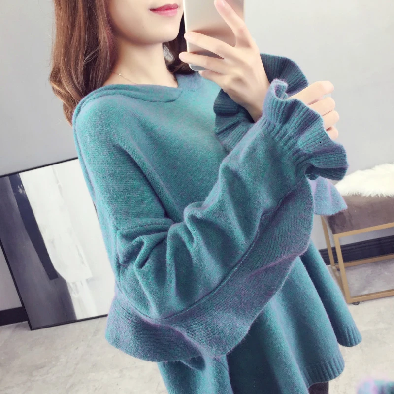 CHICEVER корейский вязаный свитер для женщин с капюшоном и расклешенными рукавами в стиле пэчворк с Рюшами Пуловер больших размеров женские свитеры новая одежда