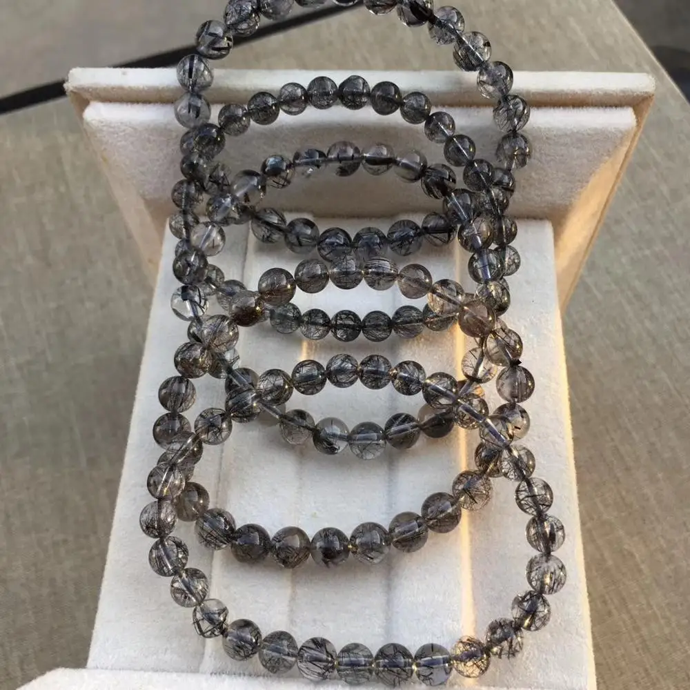 

Natural Black Rutilated Quartz Crystal 7mm Clear Round Beads Wealthy Stone Bracelet From Brazil For Women Men AAAAA