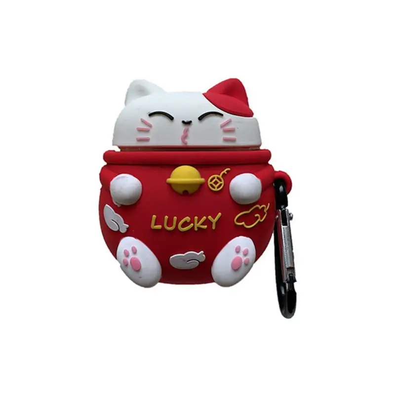 Силиконовый защитный чехол Lucky Cat с карабином для Airpods 1/2 - Цвет: Красный