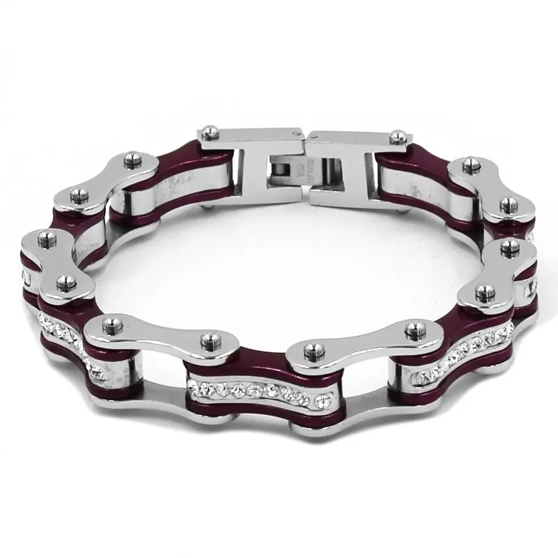 Шикарный Кристальный браслет мотоцикл ювелирные изделия из нержавеющей стали Фиолетовый велосипед цепь моторный Байкер женщины девушка браслет 310B
