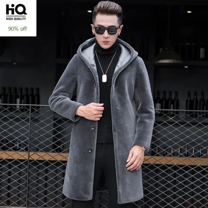 

Luxury Shearling Men Overcoat Business Casual Slim Real Fur Sheep Shearing Hooded Long Coat Brand Winter Blazer Coat Plus Size
