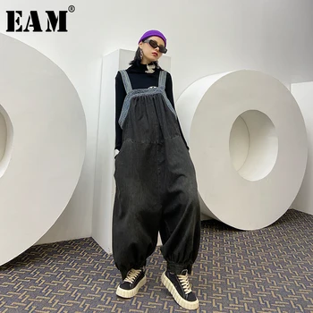 

[EAM] Loose Fit Women Black Denim Big Size Jumpsuit New High Waist Pocket Stitch Pants Fashion Tide Spring Autumn 2020 1Y419