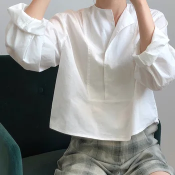 

2020 Summer Women Shirt Casual Regular Offic Lady Solid White Blackish Green O-neck Full Lantern Sleeve Loose Korean Top