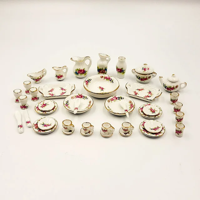 Miniature doll house pink Flower Patten Porcelain Coffee Tea Cups Ceramic Tableware Dollhouse Kitchen Accessories 5