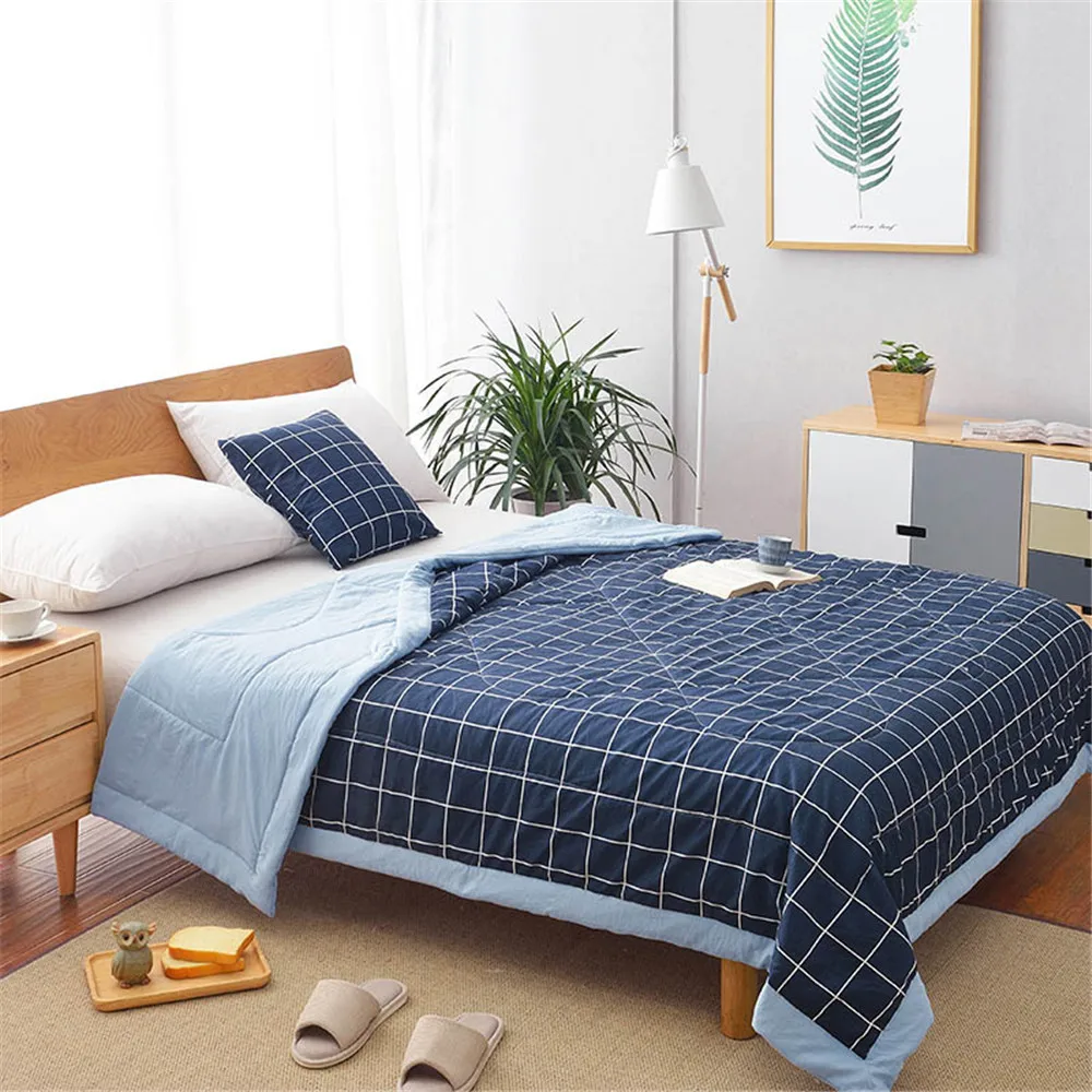 

Summer Washed Cotton Air-conditioning Quilt Soft Breathable Blanket Thin Stripe Plaid Comforter Bed Cover