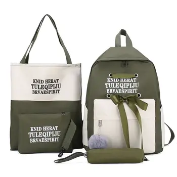 

4Pcs Canvas Backpack Ribbons School Daypacks Bookbag Shoulder Bag Purse Pencil Case Set for Teenagers Girls Student