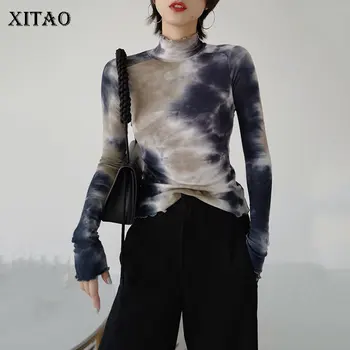 

XITAO Personality Tie Dye Long Sleeve T Shirt Women Fashion Stretch Tshirt Wild Slim Fit Women Clothes 2020 Spring New DMY3035