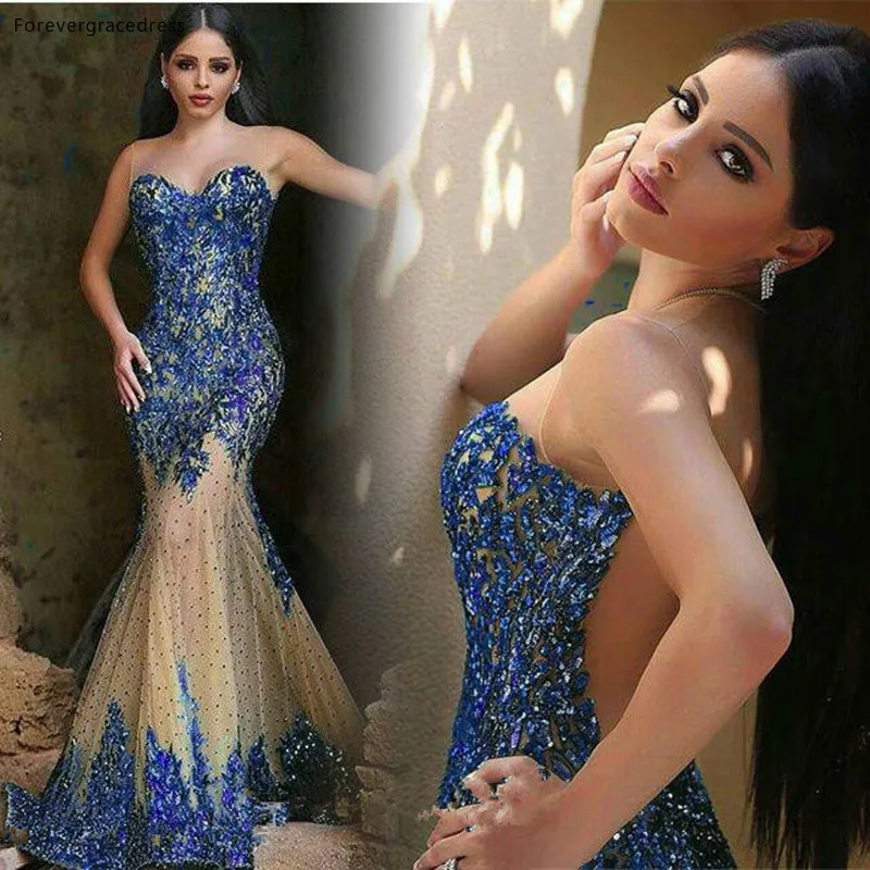 2016 Sequined Mermaid Evening Dresses Sheer Neck Scoop Sheer Back Sequins Sweep Train Arabic Prom Gowns Party Dress Custom Made 118 (2)