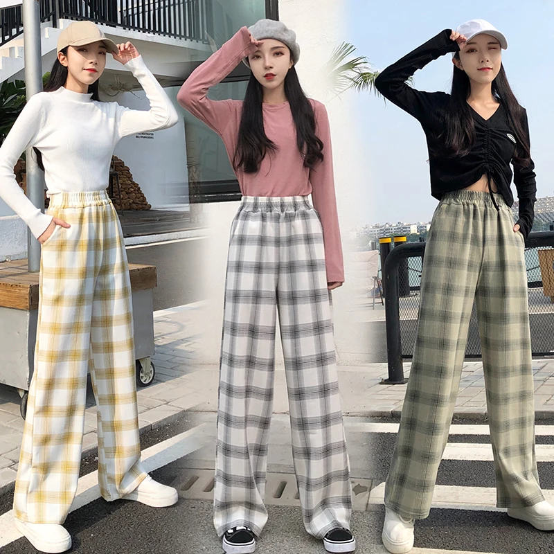 Черные и белые клетчатые брюки женские корейские свободные ulzzang Британский ветер прямые тонкие хлопковые и льняные штаны Ретро ins tide