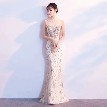 

Fishtail Female Champagne Formal Party Dress Elegant Sleeveless Appliques Cheongsam Sexy Perspective Qipao Sequins Vestidos