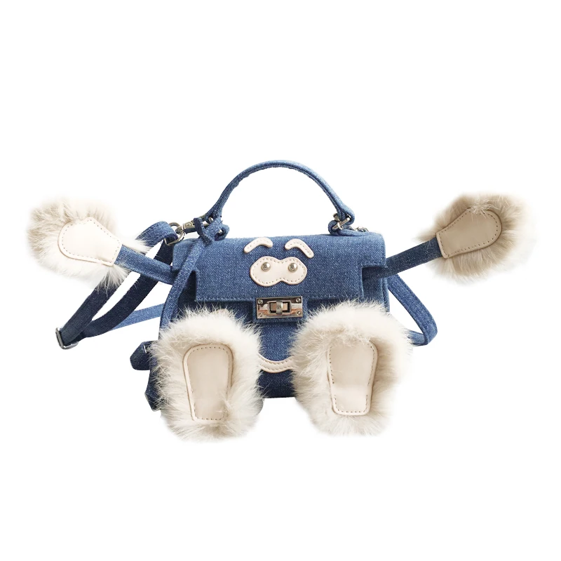 

Little Monster Bag 2019 Rabbit Hair Fur Denim Canvas Smiley BagWomen One-shoulder Slung Bags Small Mini Satchels Purses Clutches
