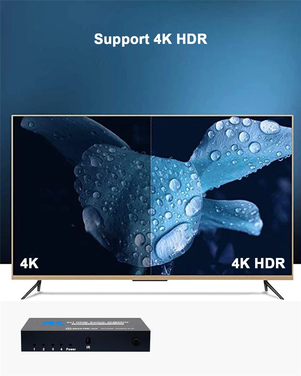 Best 4K HDMI Switch 2.0 Support RGB 4:4:4 HDR HDMI Switch 4K 60Hz 2.0 Remote IR UHD 4 Port Switcher