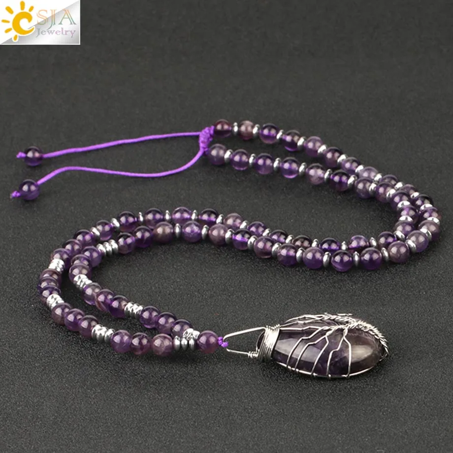 

CSJA Natural Stone Purple Crystal Long Necklace Water Drop Pendant Tree of Life Wire Wrap Beaded Necklaces 7 Chakra Jewelry S480